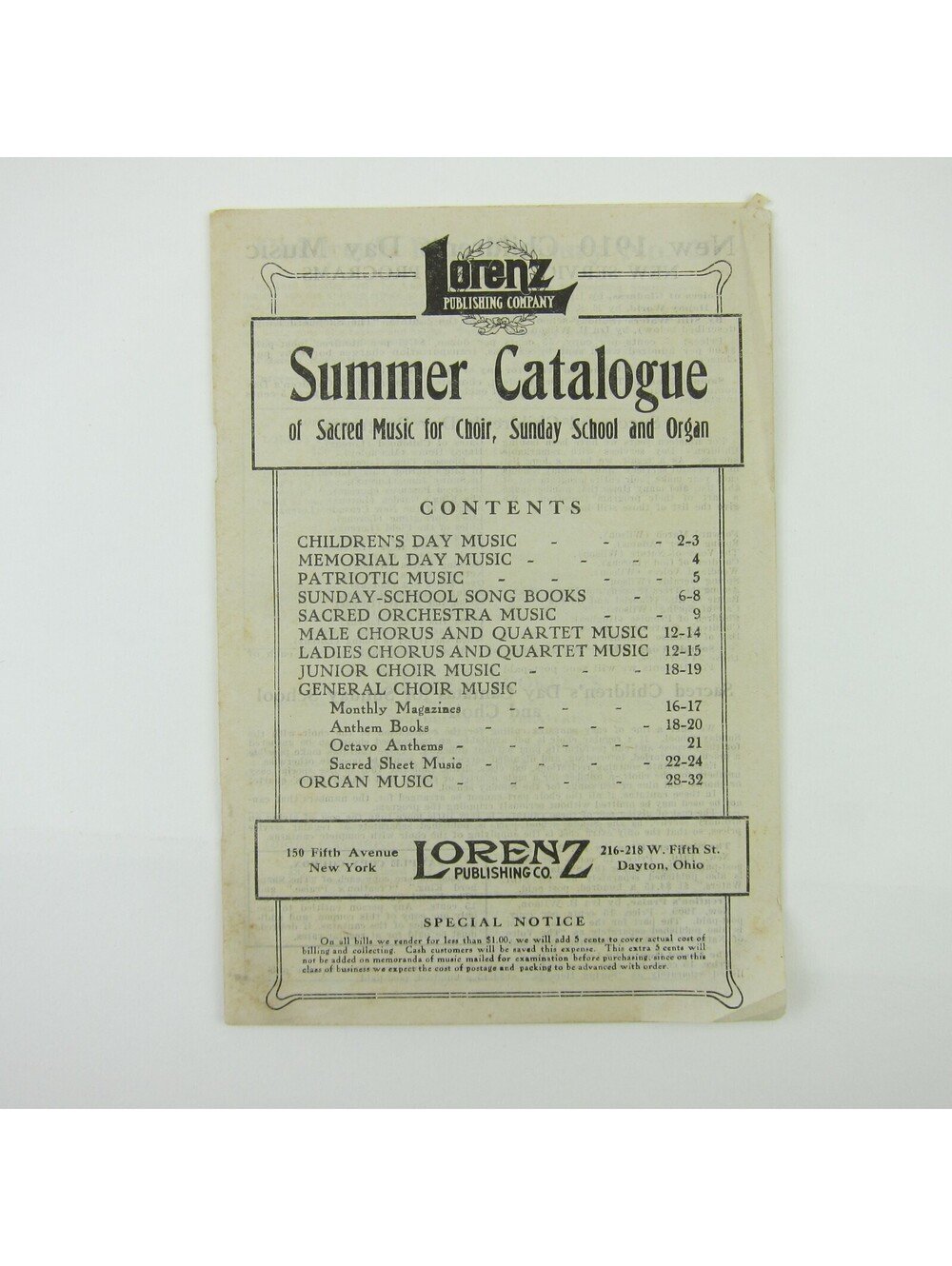 Sheet Music Catalog Sacred Choir Sunday School Lorenz Publishing Co Antique 1910